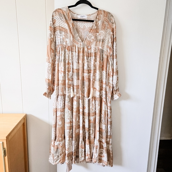 Carly Jean Los Angeles Janessa Long Tiered Maxi Dress in Taupe, Rust and Brown - Picture 2 of 13